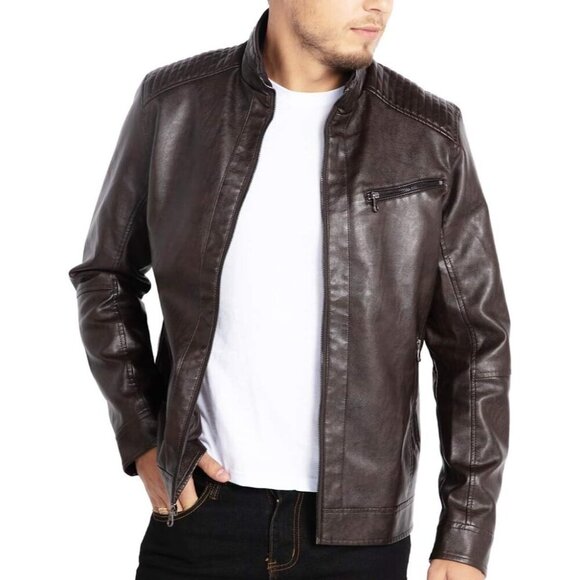 🆕 Men Brown Stand Collar Leather Jacket Motorcycle Lightweight Faux Outwear - Picture 4 of 7